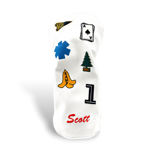 White driver golf club head cover with custom patches on transparent background