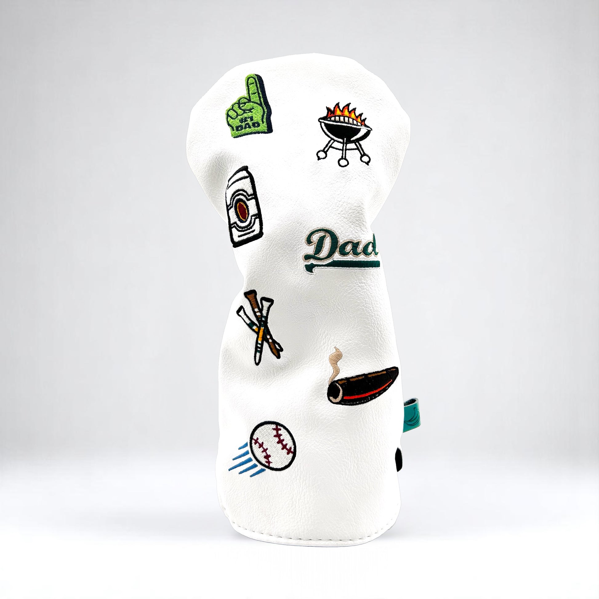 Father's Day-themed golf club driver head cover with custom patches on white background