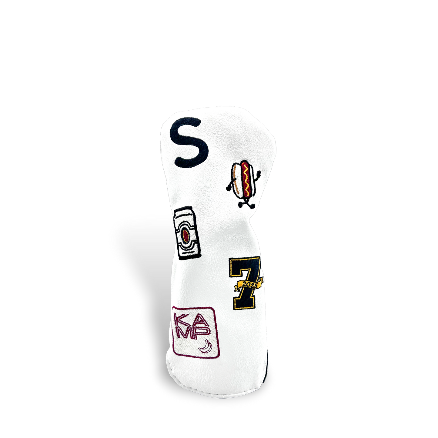 White hybrid golf club head cover with custom patches on transparent background