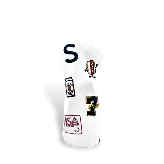 White hybrid golf club head cover with custom patches on transparent background