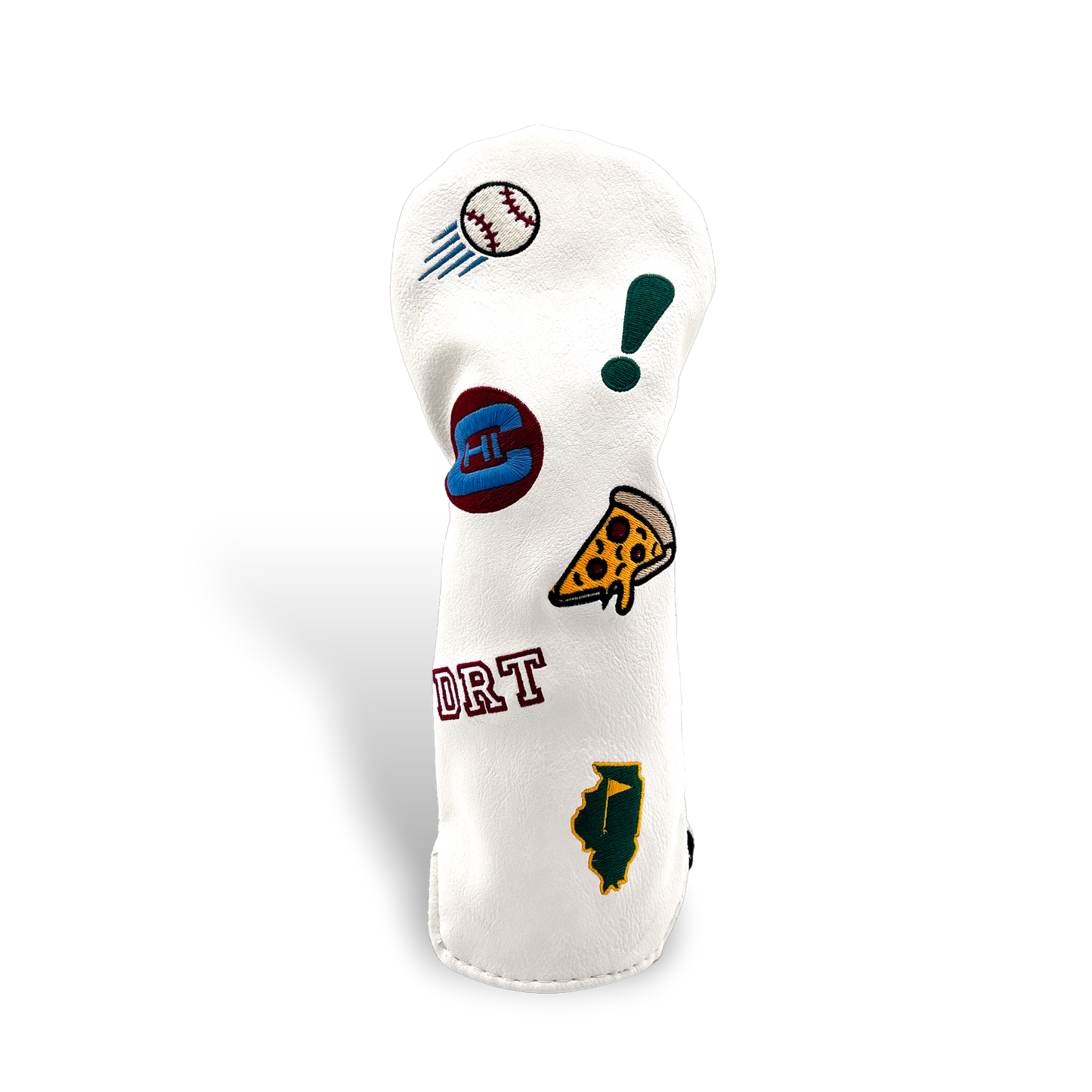 White wood golf club head cover with custom patches on transparent background