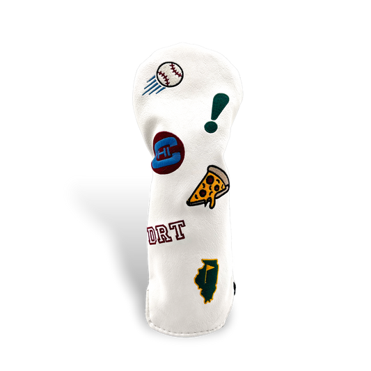 White wood golf club head cover with custom patches on transparent background