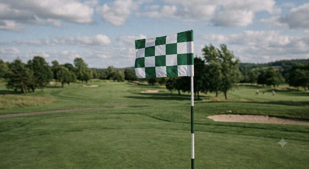 A green and white checkered golf flag on a pole, set against a background of a golf course with green grass, trees, and a blue sky with clouds.