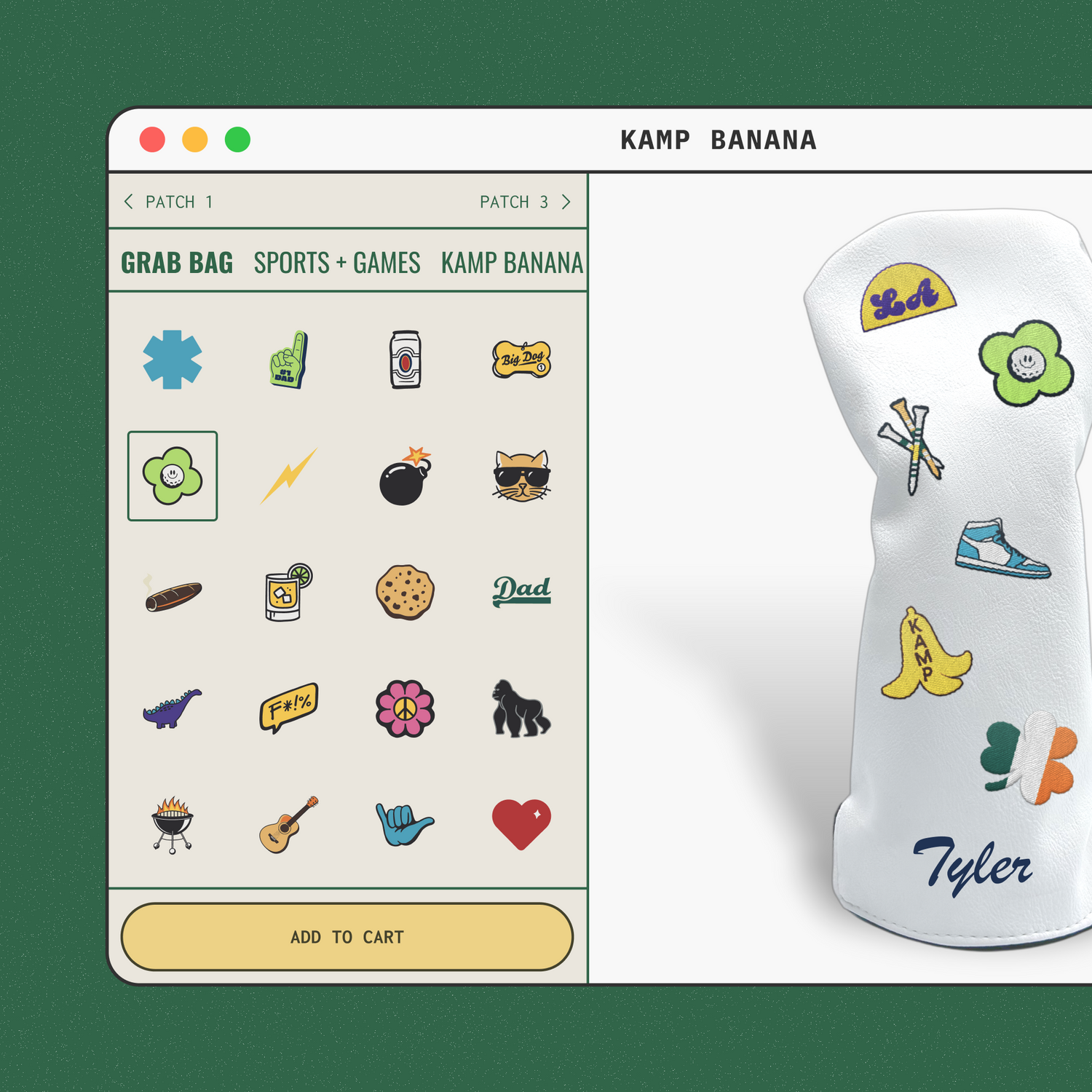 Preview of golf club head cover customizer with patch options and head cover design