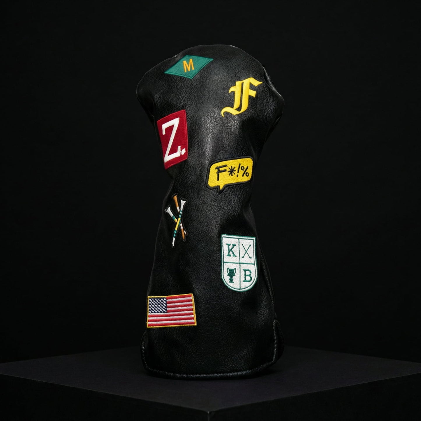 Custom black driver head cover with American flag, letter patches, and crossed golf clubs embroidery - premium vegan leather