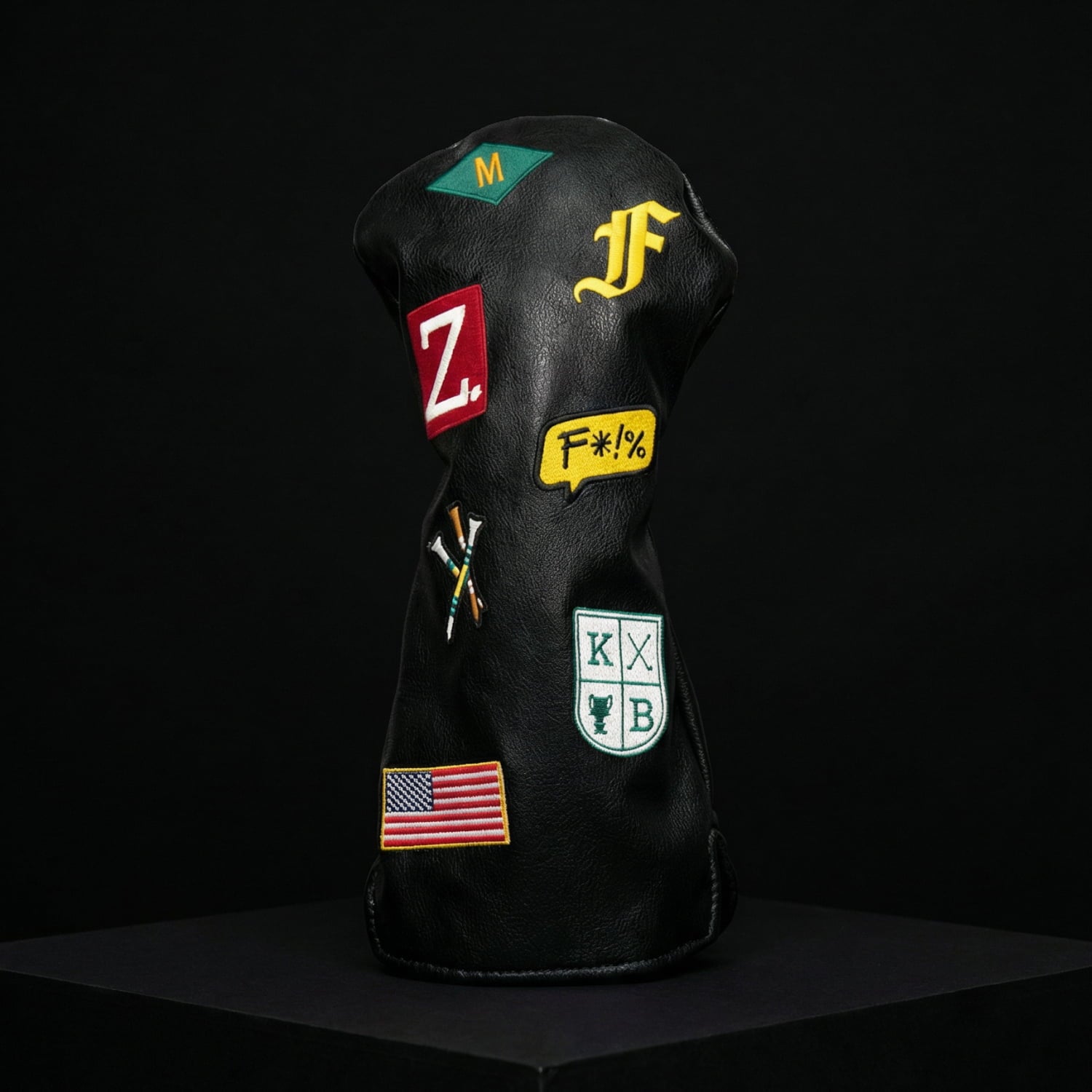 Custom black driver head cover with American flag, letter patches, and crossed golf clubs embroidery - premium vegan leather
