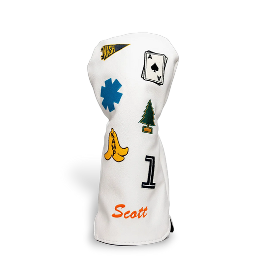 Custom white driver head cover with Nashville pennant, ace of spades, pine tree, and name monogram patches - handmade vegan leather