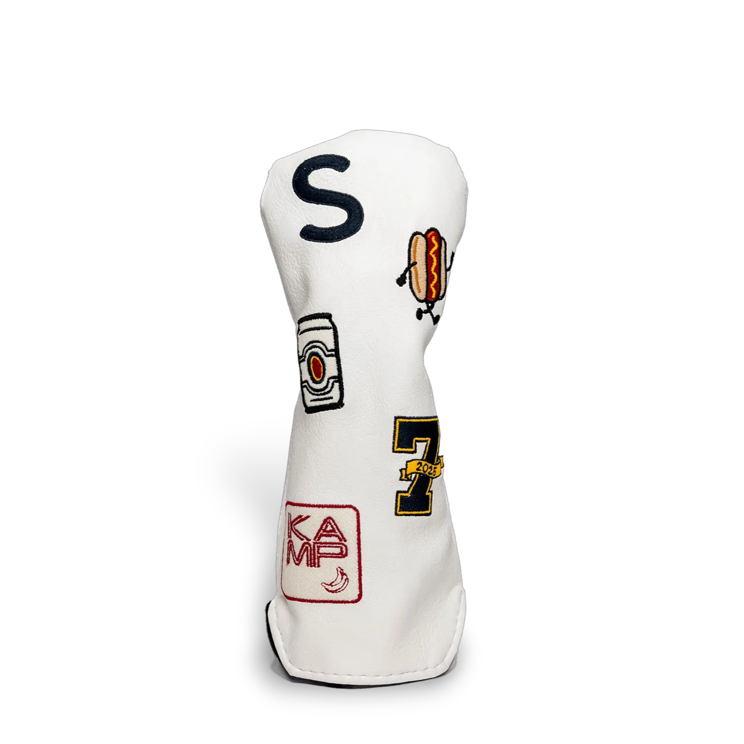 Custom white hybrid head cover with letter S, hot dog, coffee can, number 7, and KAMP logo patches - fits all hybrid golf clubs