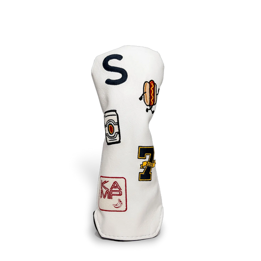 Custom white hybrid head cover with letter S, hot dog, coffee can, number 7, and KAMP logo patches - fits all hybrid golf clubs