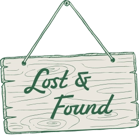 Rustic wooden hanging sign reading "Lost & Found"