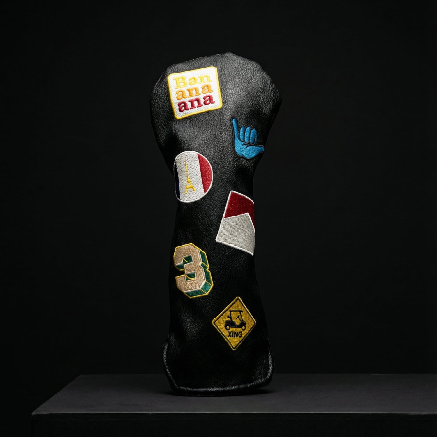 Custom black fairway wood head cover with Banana patch, Paris Eiffel Tower, number 3, and golf cart crossing sign - premium vegan leather