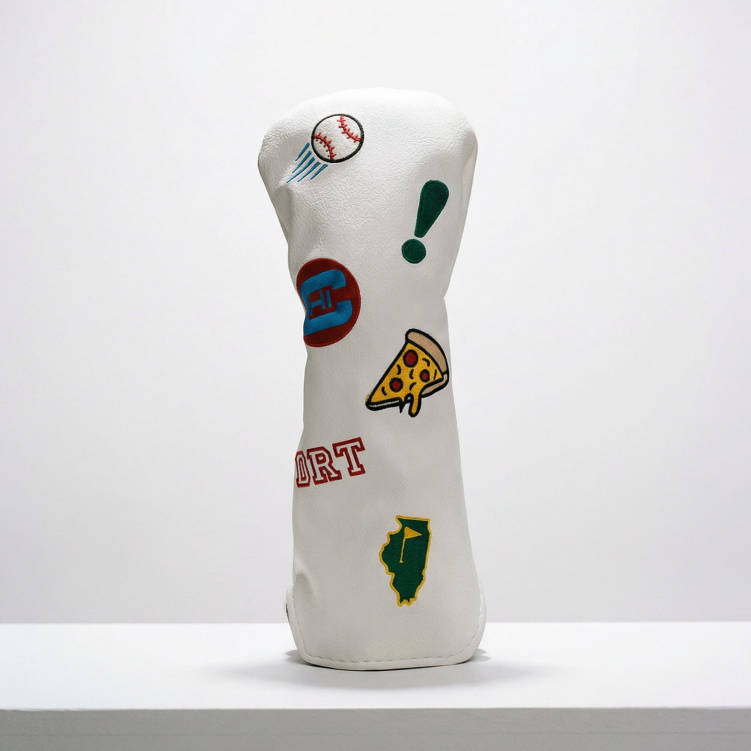 Custom white fairway wood golf cover with baseball, exclamation point, pizza, and Illinois state patches - handmade vegan leather