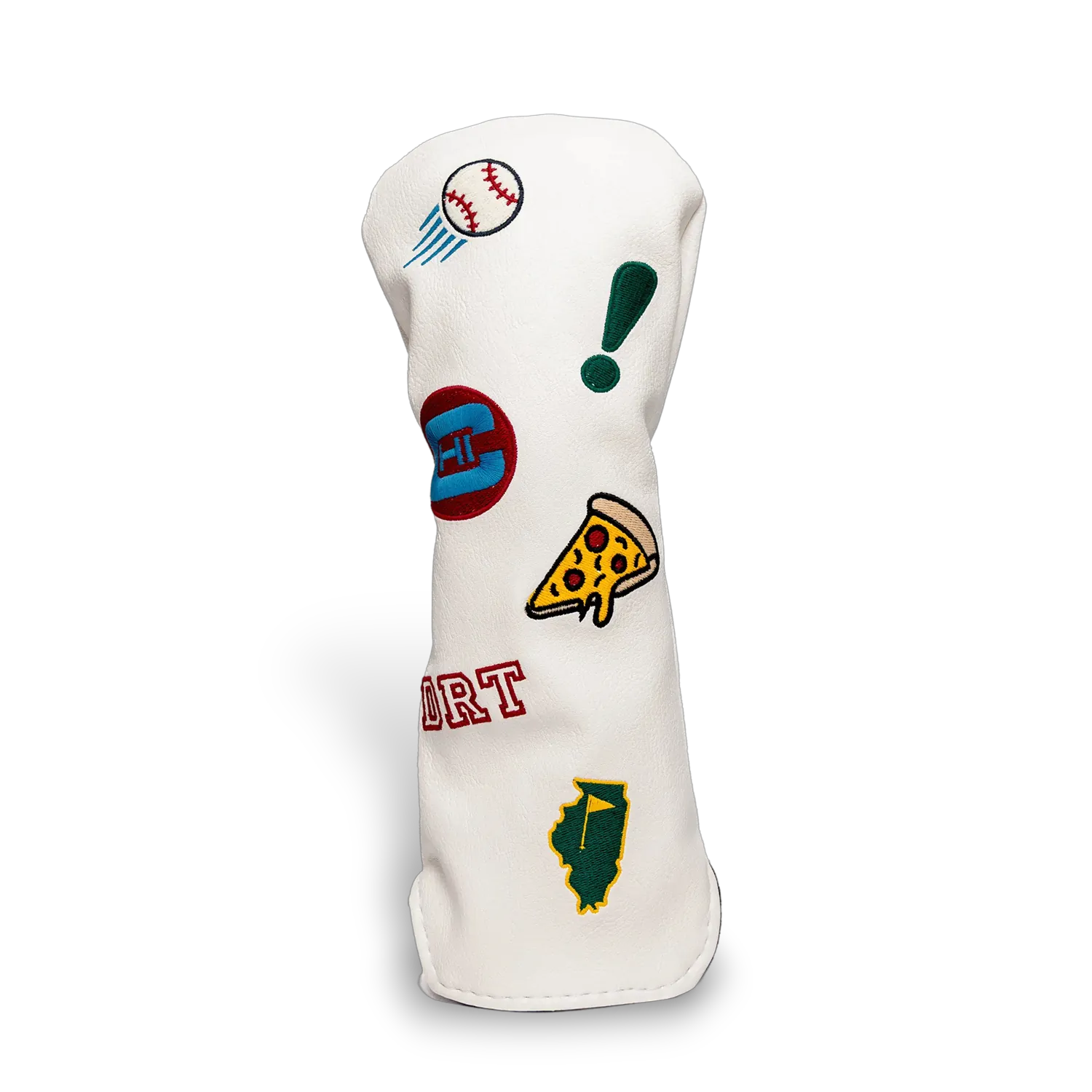 Custom white fairway wood head cover with baseball, pizza slice, Illinois state flag, and personalized patches - fits 3-wood and 5-wood clubs
