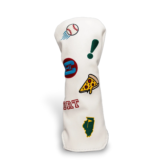 Custom white fairway wood head cover with baseball, pizza slice, Illinois state flag, and personalized patches - fits 3-wood and 5-wood clubs