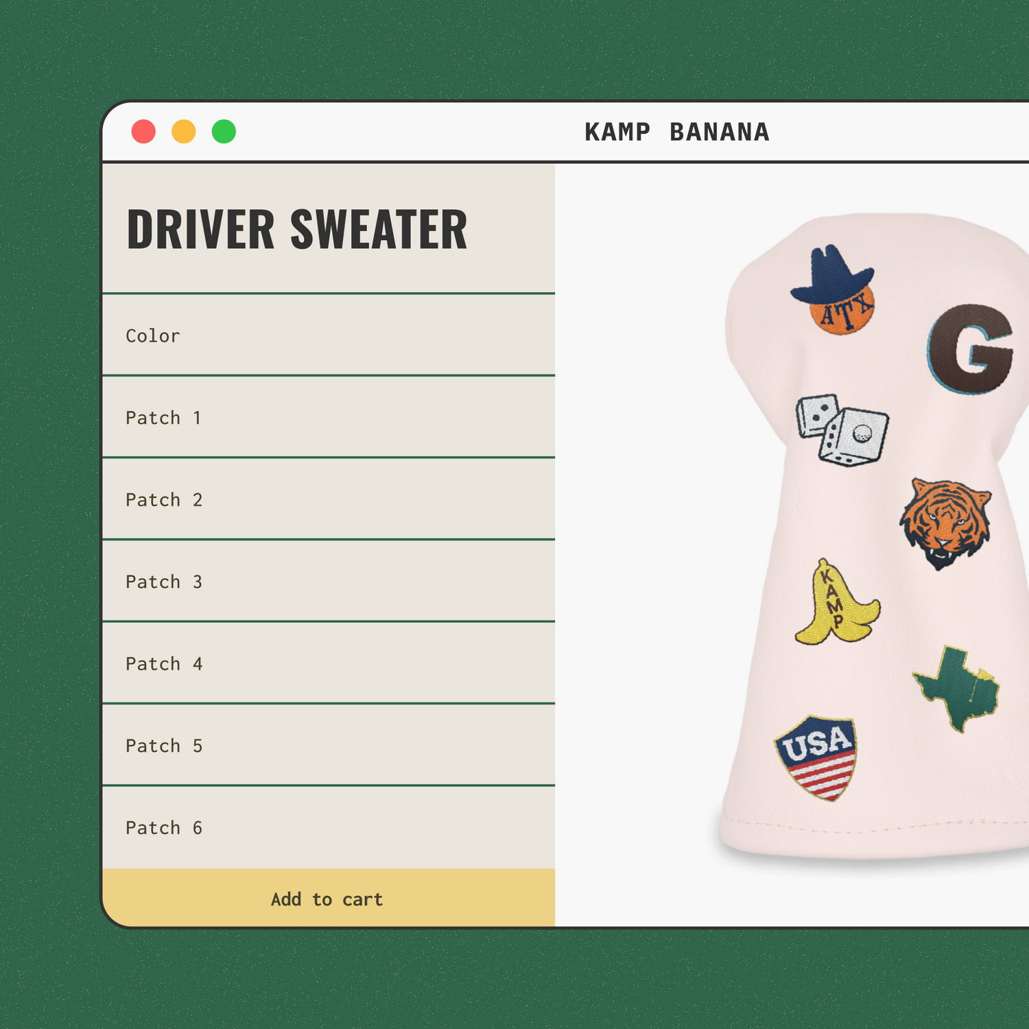 Preview of golf club head cover customizer with patch options and head cover design