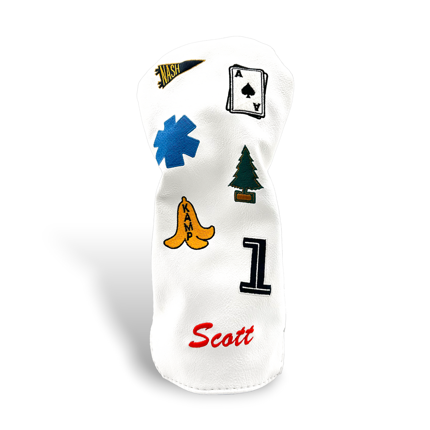 White driver golf club head cover with custom patches on transparent background