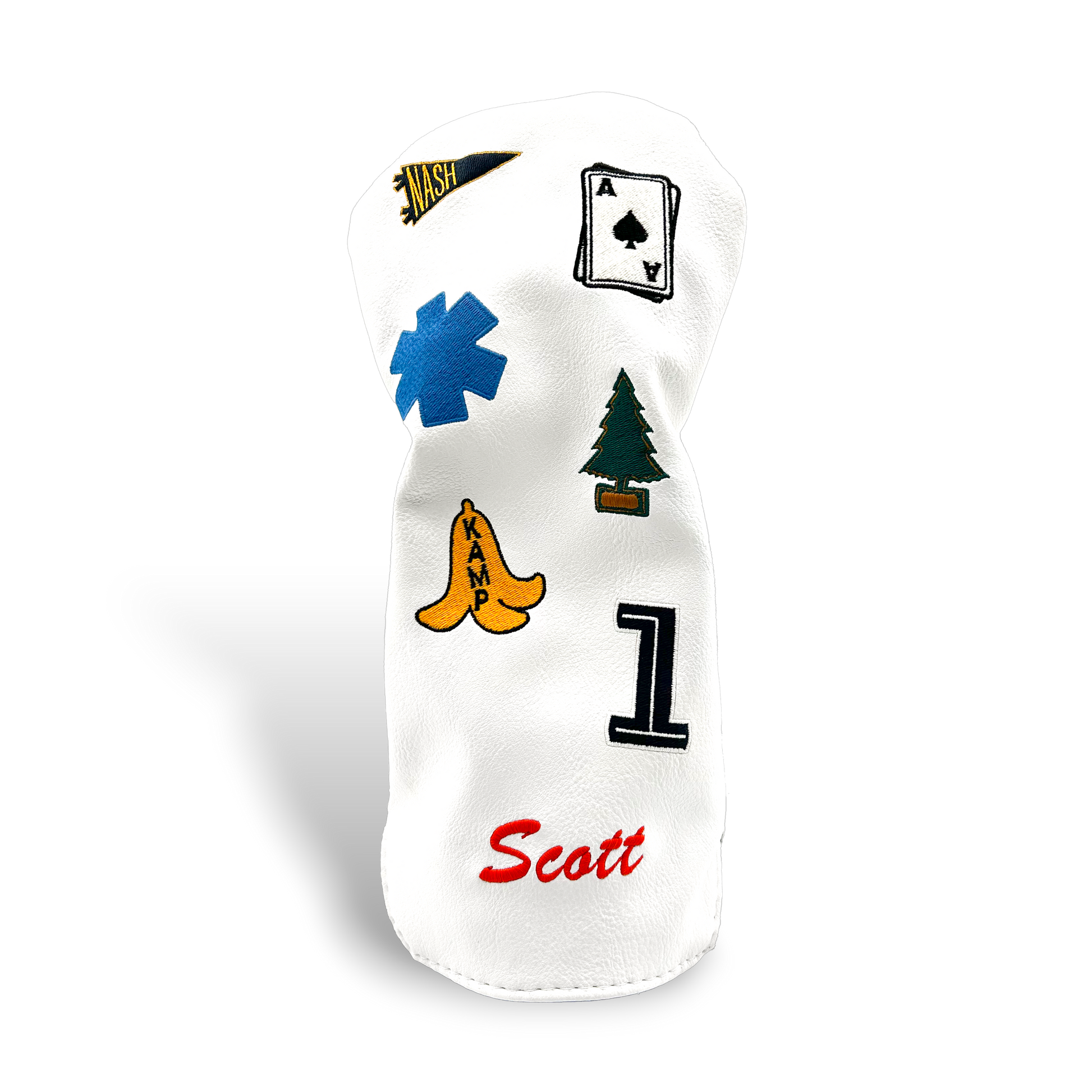 White driver golf club head cover with custom patches on transparent background