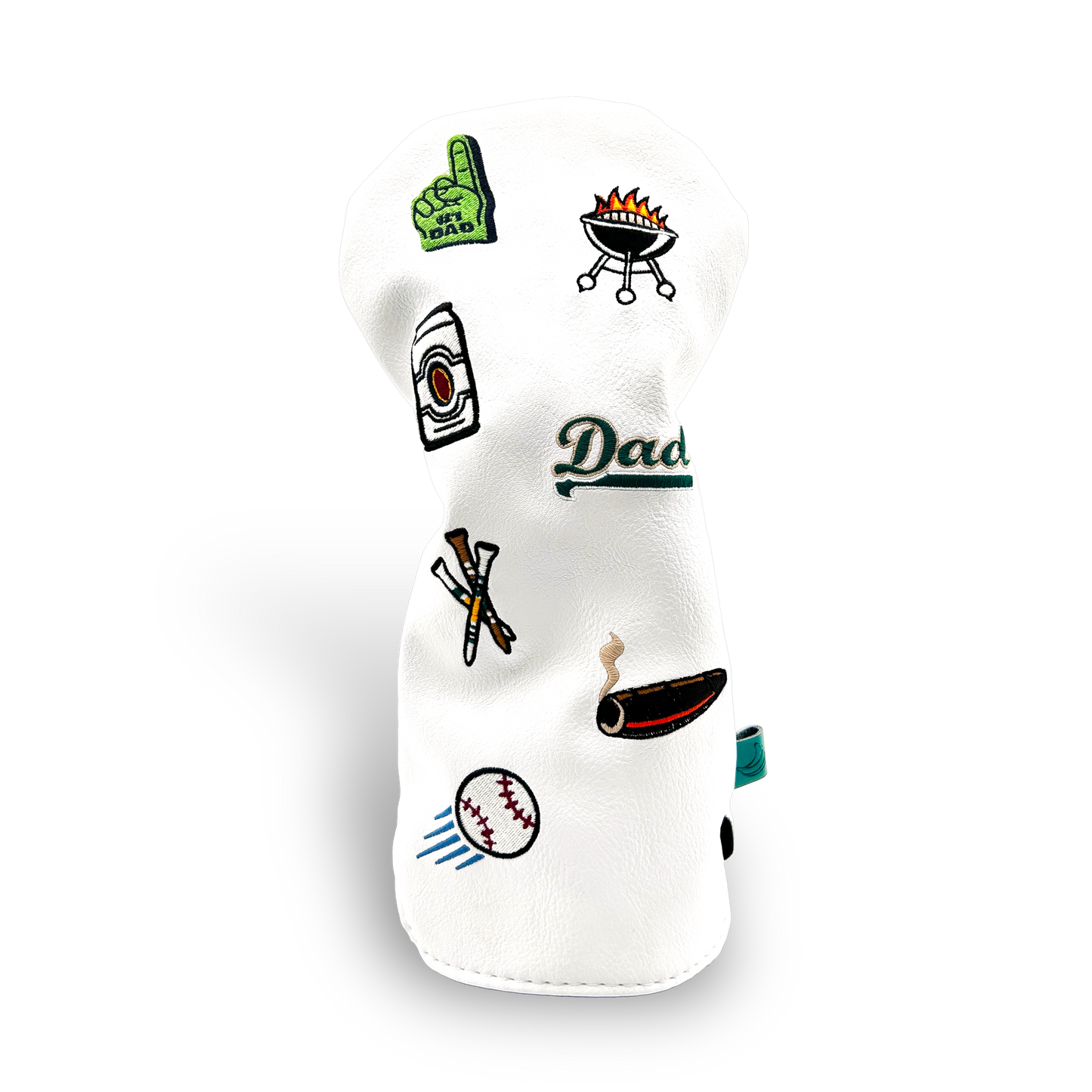Father's Day-themed golf club driver head cover with custom patches